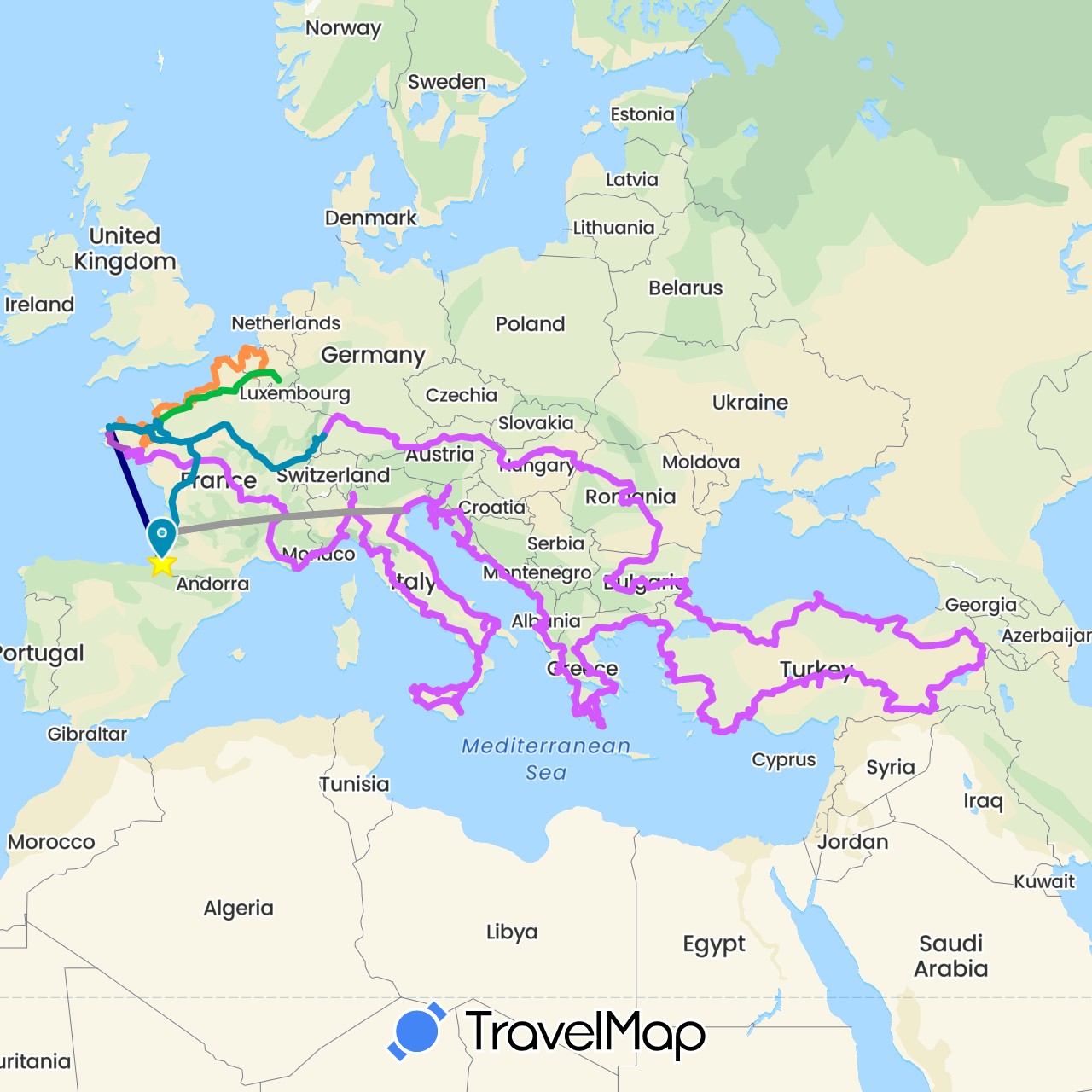 TravelMap itinerary: driving, bus, plane, train, boat, camping car 1ère partie, camping car 2 ème partie, retour en france in Albania, Austria, Belgium, Bulgaria, Germany, France, Greece, Croatia, Hungary, Italy, Montenegro, Netherlands, Romania, Slovenia, San Marino, Turkey (Asia, Europe)